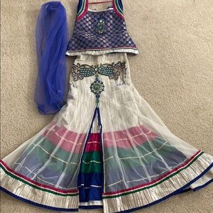 Indian Blue white 3 piece lehnga choli girls sz 26